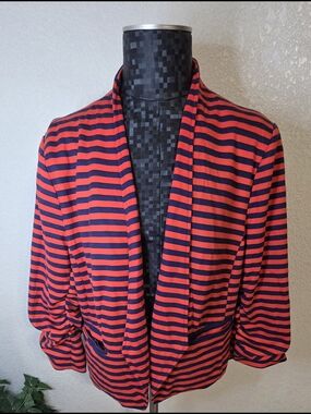Ashley Stewart Orange and Navy Striped Open-Front Blazer